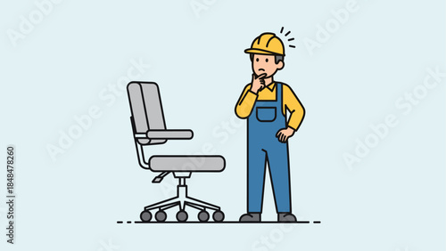 Pensive worker contemplating office chair in simple outline style