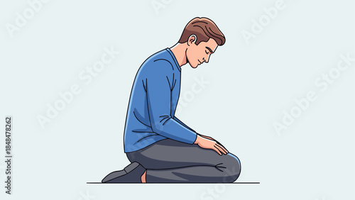 Serene man in prayer position wearing blue sweater and gray pants