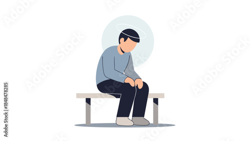 Contemplative figure sitting on bench in minimalist style