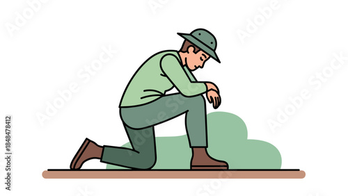 Man kneeling outdoor in contemplation with hat and boots cartoon style