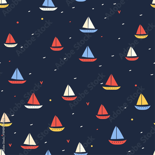Cute Sailboats Nautical Seamless Pattern with Colorful Boats on Dark Blue Background for Kids Fabric, Wallpaper, Textile and Wrapping Paper Design