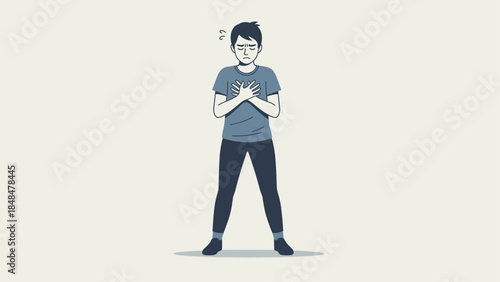 Worried person holding chest: emotional stress concept in minimalist style