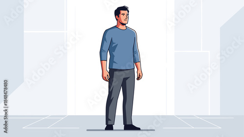 Confident male character in casual outfit standing in modern interior