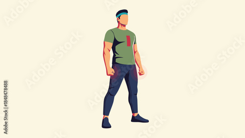 Futuristic male avatar in dynamic stance on beige background