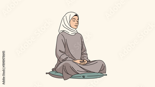 Peaceful meditation: woman in hijab practicing mindfulness on cushion