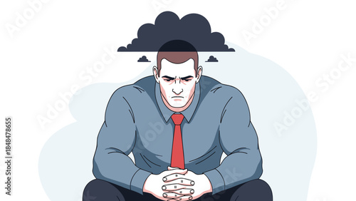 Pensive man in business attire sitting under cloud reflecting stress and contemplation in modern art style