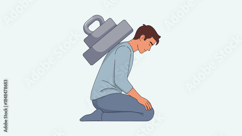 Man kneeling underweight of padlock: symbolizing emotional burden and mental struggle