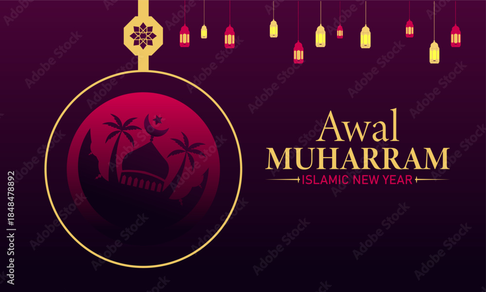 Naklejka premium Awal Muharram Poster Banner and Background Design Template Featuring Islamic Calligraphy, Mosque, and Crescent Moon Illustration for Hijri New Year Celebration, Religious Observance, and Spiritual Awa