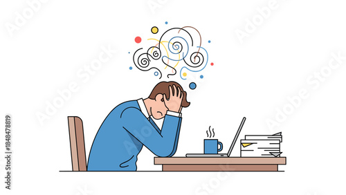 Stressed overworked employee at desk with head in hands and abstract thought cloud