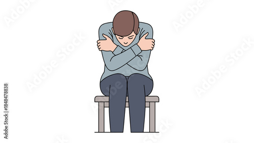 Minimalist depiction of person sitting alone with head down on bench