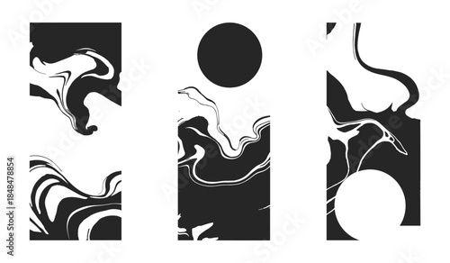 Abstract Black and White Marble Swirls and Circles on White Background vector illustration