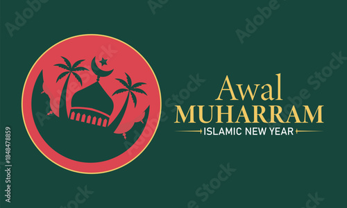 Awal Muharram Poster Banner and Background Design Template Featuring Islamic Calligraphy, Mosque, and Crescent Moon Illustration for Hijri New Year Celebration, Religious Observance, and Spiritual Awa