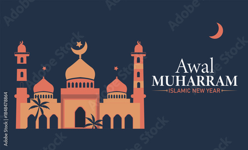 Awal Muharram Poster Banner and Background Design Template Featuring Islamic Calligraphy, Mosque, and Crescent Moon Illustration for Hijri New Year Celebration, Religious Observance, and Spiritual Awa