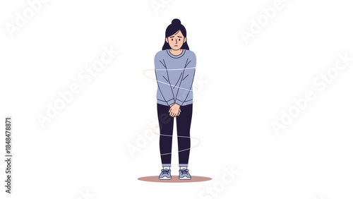 Anxious woman standing alone with nervous expression in casual outfit