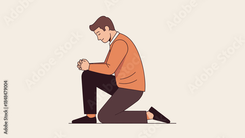 Minimalist side view of kneeling person with prayer gesture in neutral colors