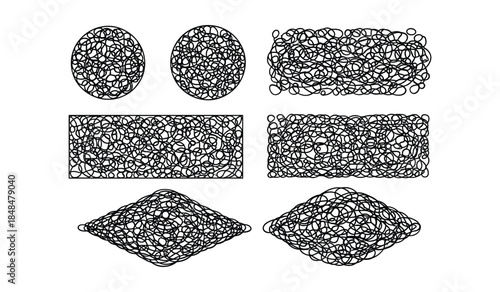 Abstract Black Line Art Shapes with Scribble Fill on White Background Keywords: abstract, art, background, black, circle, concept, design, element, graphic, illustration, isolated, line, pattern