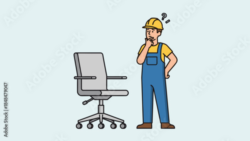 Confused worker in overalls examines office chair in workplace setting