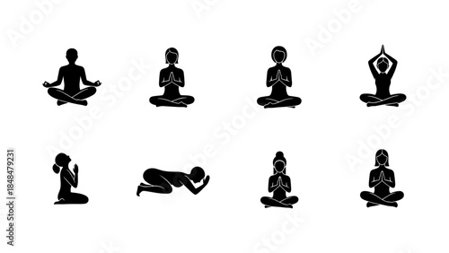 Silhouette meditation and yoga poses collection for mindfulness and wellbeing design