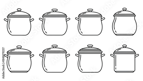 Set of eight black outline icons of cooking pots with lids