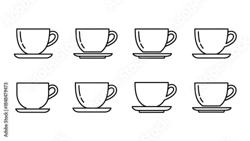 Set of eight black line art coffee cups and saucers