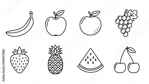Black and white line icons of assorted fresh fruits