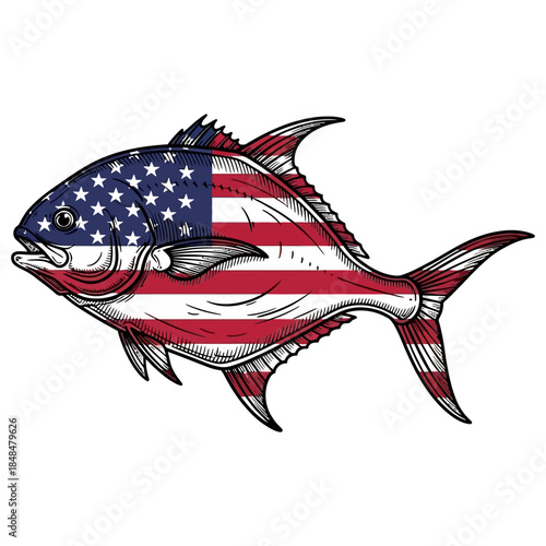 American flag permit fish illustration with stars and stripes patriotic sport fishing vector design