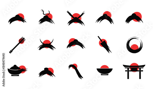 Collection of Japanese Inspired Brush Stroke Icons with Red Circles symbol