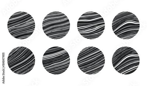 Eight Oval Shapes with Black and White Striped Texture on White Background Keywords: oval, shape, pattern, texture, stripes, black, white, monochrome, graphic, design, element, abstract, organic