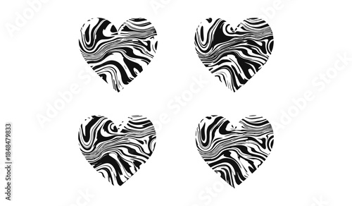 Four Black and White Abstract Marble Pattern Hearts on White Background Keywords: heart, love, abstract, black, white, marble, pattern, texture, swirl, fluid, liquid, graphic, design, element