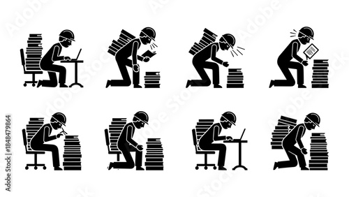 Silhouette workers managing heavy workload with office documents