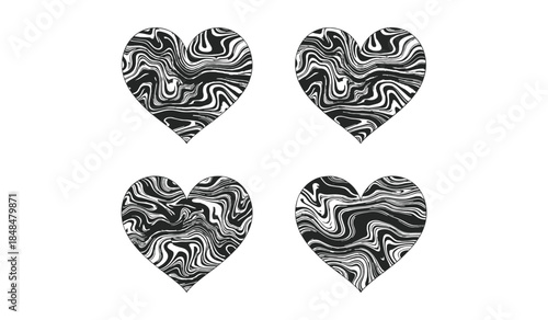Four Black and White Hearts with Marbled Texture on White Background Keywords: abstract, art, black, design, element, graphic, heart, illustration, isolated, love, marbled, pattern, shape, symbol