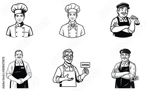 Vintage illustrations of various service professionals like chefs and shopkeepers