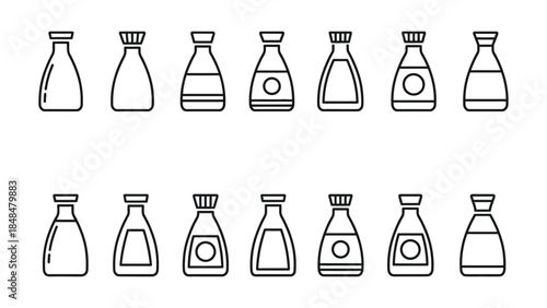 Fourteen black and white line icons of soy sauce bottles