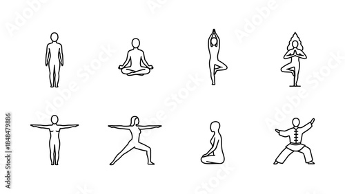 Minimalist yoga and tai chi poses in black outline for health and wellness