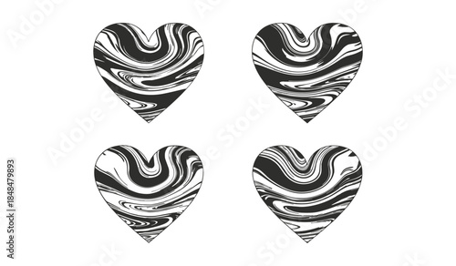 Four Black and White Marbled Heart Shapes on White Background love symbol