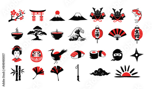 Japanese cultural icons in black and red on white background asia asian