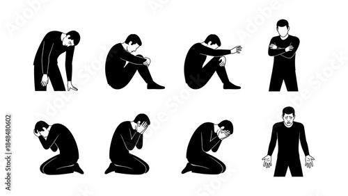 Silhouette of human figures displaying various emotional states on white background