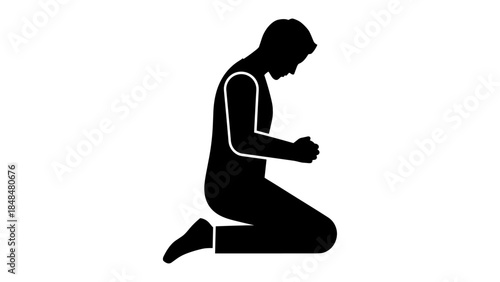 Silhouette of a person kneeling in prayer on white background
