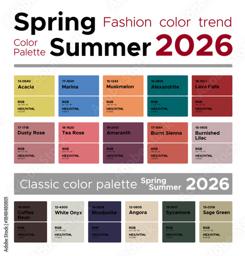 Fashion color trends Spring Summer 2026. Palette fashion colors guide with named color swatches, RGB, HEX colors