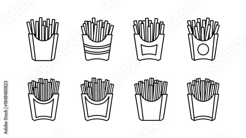 Set of eight black and white french fry icons in different styles