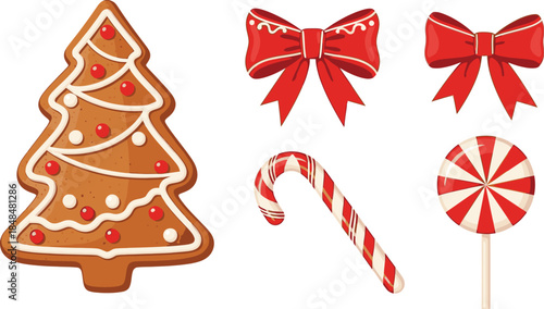 Christmas holiday sweets gingerbread tree candy cane bows festive season graphic design illustration