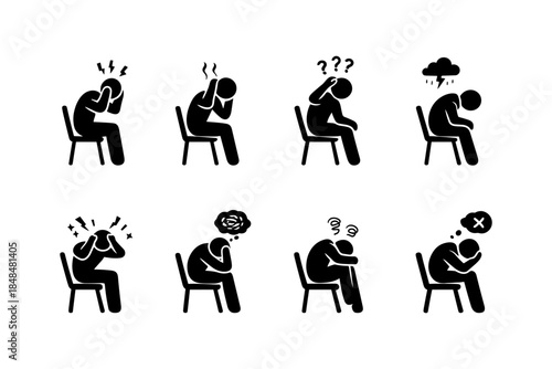Silhouette icons of stress and emotional challenges while seated