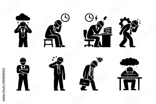 Silhouette icons of stress and anxiety at work for corporate themes