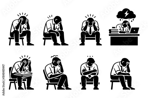 Businessman stress icons: silhouette set of frustrated office worker poses