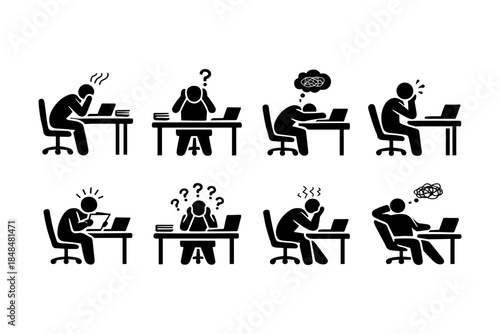 Silhouette icons depicting common office work stress and emotions at a desk