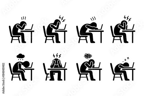 Silhouette icons of workplace stress: eight unique poses depicting exhaustion and fatigue
