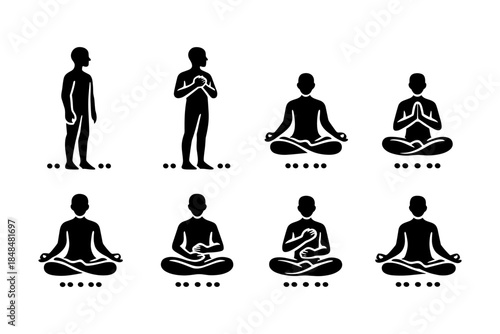 Silhouette yoga poses and meditation symbols set in black