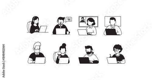 Set of business people icons featuring vector pictogram stick figures and office worker silhouettes representing a professional team avatar group in a black finance sign style