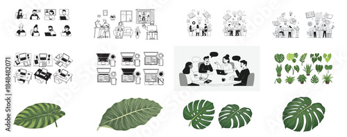 Vector set of green plant silhouettes and nature design icons for a social media communication concept illustration