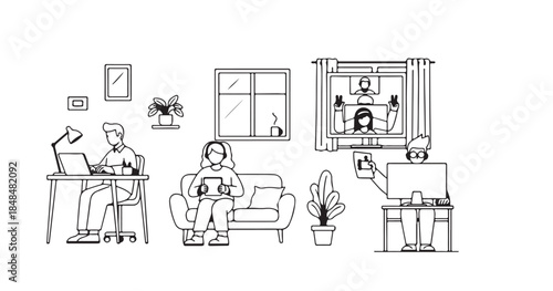 Funny cartoon sketch of a woman and boy as business office silhouettes sharing food in a humorous comic illustration gag